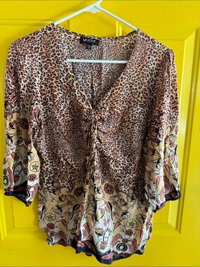 Nique Beige and Brown Animal-Print V-Neck Blouse